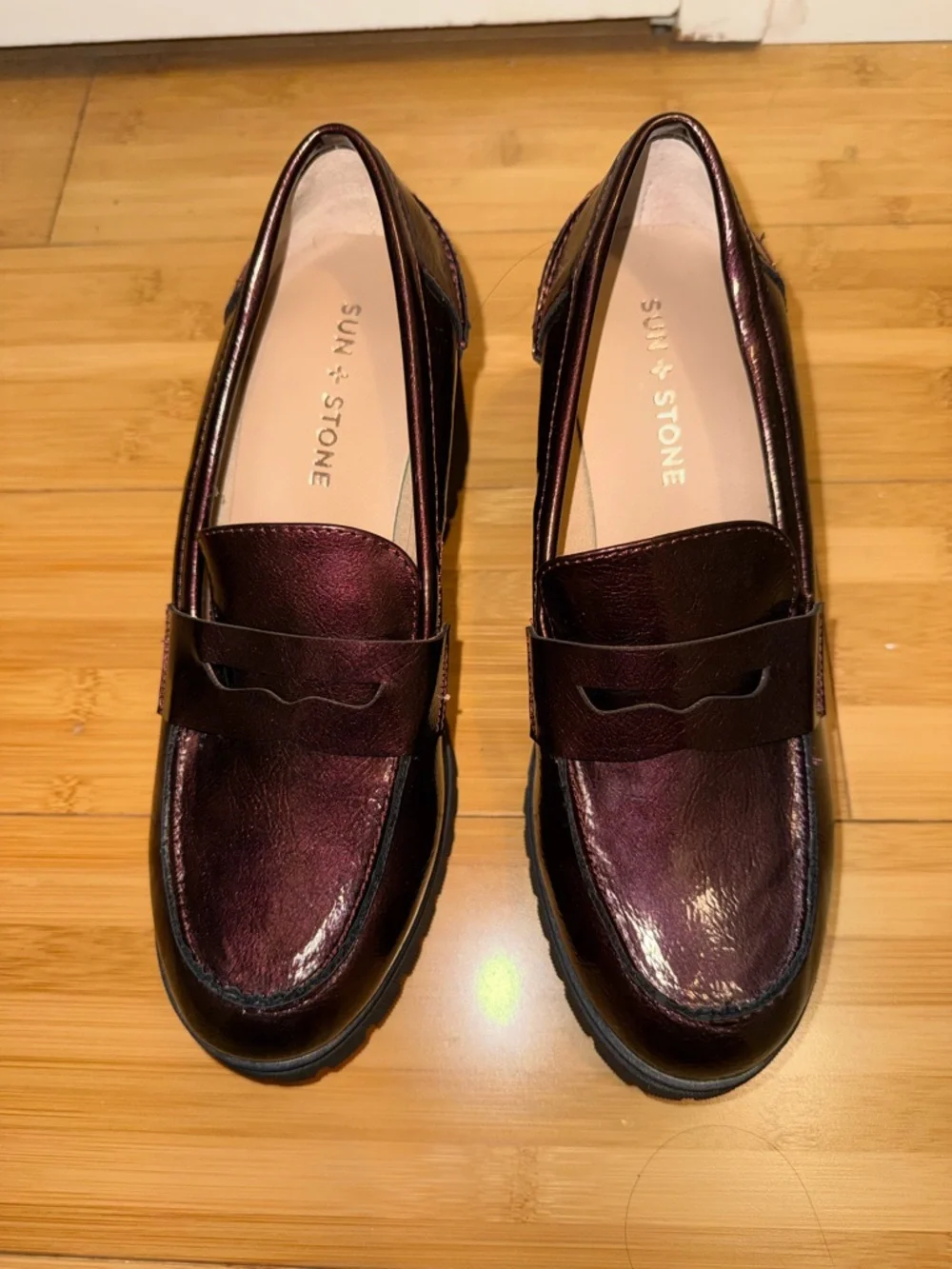 Sun + Stone Chunky Heel Penny Loafer - Burgundy Patent - Picture 5 of 5